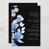 Blauw Bloemen Zwart-wit Monogram Bruiloft Kaart (Voorkant / Achterkant)