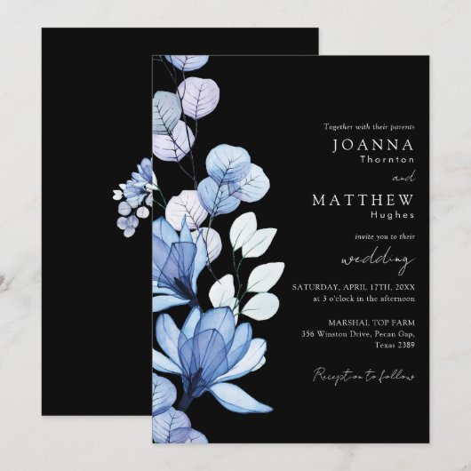 Blauw Bloemen Zwart-wit Monogram Bruiloft Kaart (Voorkant / Achterkant)