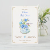 Blauw bloemenboeket vogel baby shower kaart (Staand voorkant)