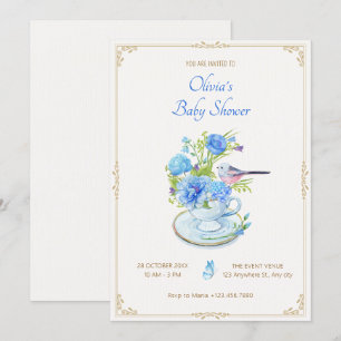 Blauw bloemenboeket vogel baby shower kaart