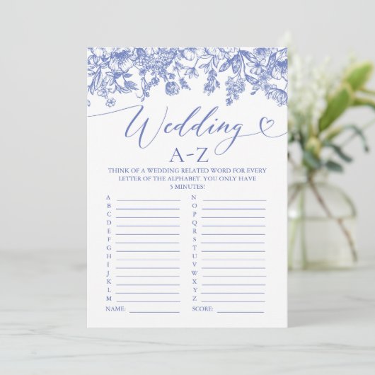 blauw bloemenbruiloft A-Z Vrijgezellenfeest spel Kaart (Staand voorkant)