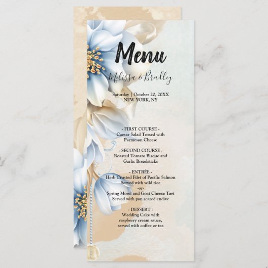 Blauw bloemenbruiloft Menu (Voorkant / Achterkant)
