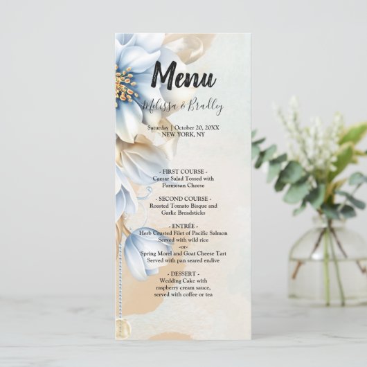 Blauw bloemenbruiloft Menu (Staand voorkant)