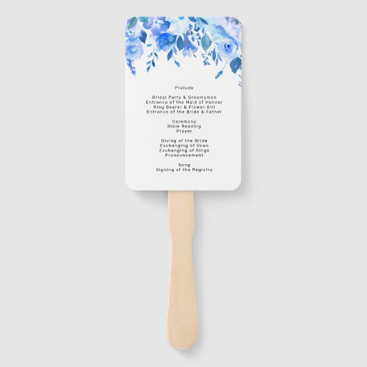Blauw bloemenbruiloft programma hand fan, blauw bl handwaaier (Achterkant)