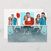 Blauw bloemend bruiloftsfotocollage Save the Date Aankondigingskaart (Voorkant / Achterkant)