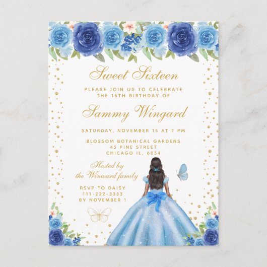 Blauw Bloemend meisje met donkere huid Prinses Swe Briefkaart (Voorkant)