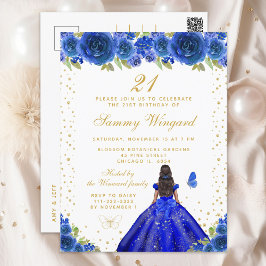 Blauw bloemend meisje met donkere huid prinses ver briefkaart
