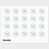Blauw Bloemend Monogram Ronde Sticker (Vel)