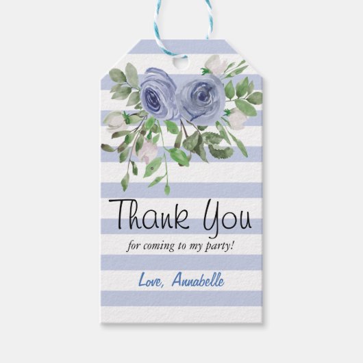 Blauw Bloemend Waterverf Strepen Bedankt Feest Cadeaulabel (Voorkant)
