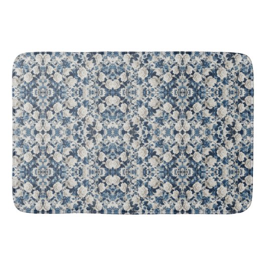 Blauw Bloemendamaskpatroon Dekbed Badmat (Voorkant)