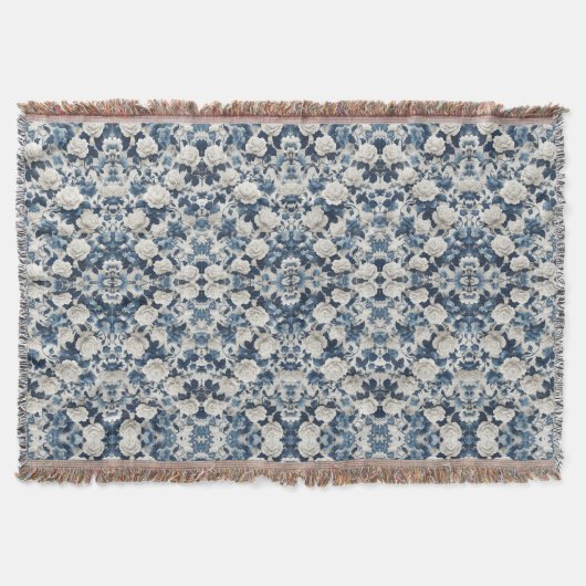 Blauw Bloemendamaskpatroon Dekbed Deken (Voorkant)