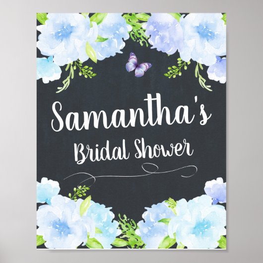 Blauw bloemendecor bruiloft feest welkom bord post poster (Voorkant)