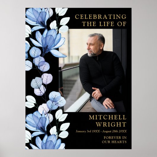 Blauw bloemendefuneralie Viering Van Het Leven Fot Poster (Voorkant)