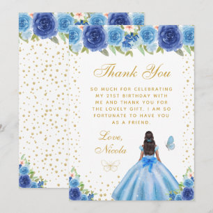 Blauw bloemendek donkere huid prinses verjaardagsf bedankkaart