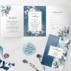 Blauw Bloemendesign All-in-One Trouwfeest met RSVP Drieluik Uitnodiging
