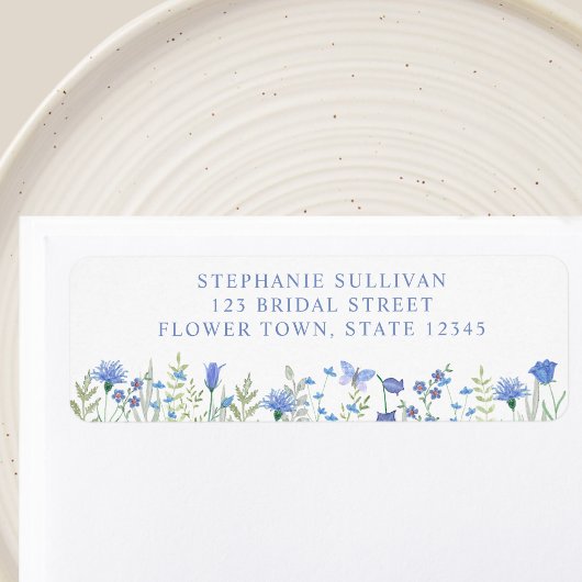 Blauw bloemendesign bruidsbruiloft retouradres etiket