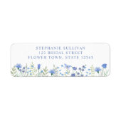 Blauw bloemendesign bruidsbruiloft retouradres etiket (Voorkant)