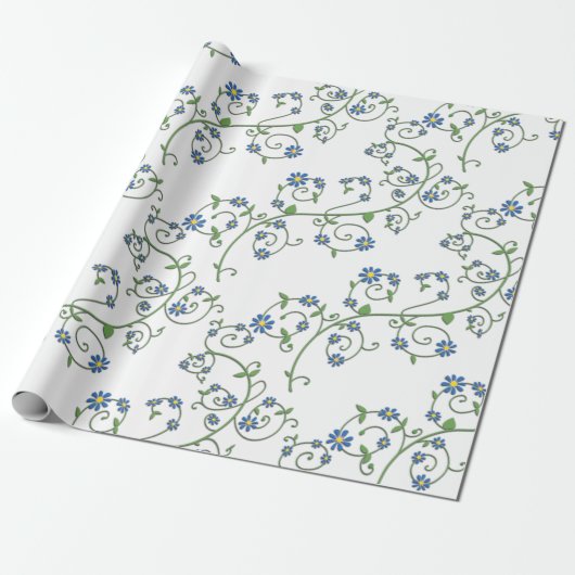 Blauw bloemendrank Wikkelpapier Cadeaupapier (Uitgerold)