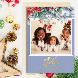 Blauw bloemengestel vrolijk kerstfeest foto folie feestdagenkaart