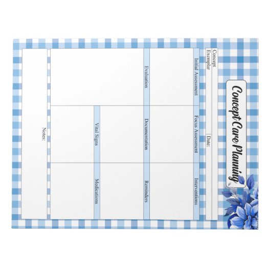 Blauw Bloemengingham_ Concept Zorgplanning Notitieblok (Voorkant)