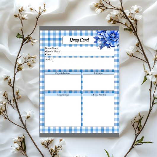 Blauw Bloemengingham _Geneesmiddelkaart Notitieblok