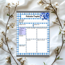 Blauw Bloemengingham _ Medicatiesjabloon Notitieblok