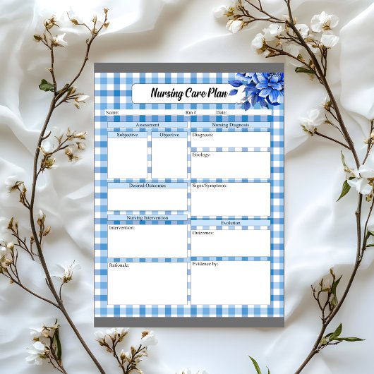 Blauw Bloemengingham_ Verpleegplan Notitieblok