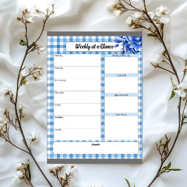 Blauw Bloemengingham_ Week Overzicht Notitieblok