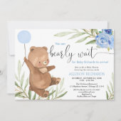 Blauw bloemengroen beren ballonjongen baby shower kaart (Voorkant)
