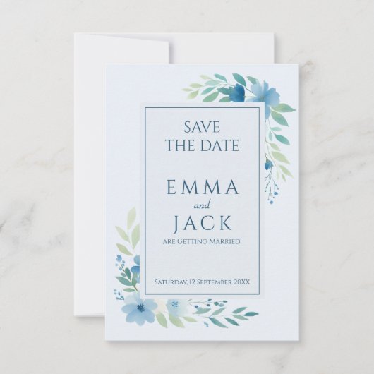 Blauw bloemengroen elegante bruiloft save the date (Voorkant)