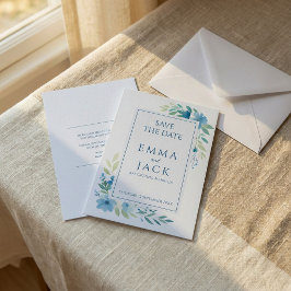 Blauw bloemengroen elegante bruiloft save the date