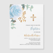 Blauw bloemengroen goud cross boy luxe doop magnetische uitnodiging (Voorkant)