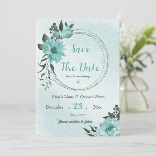 blauw bloemengroen save the date (Staand voorkant)
