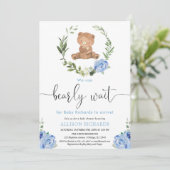 Blauw bloemengroen teddybeer boy baby shower kaart (Staand voorkant)