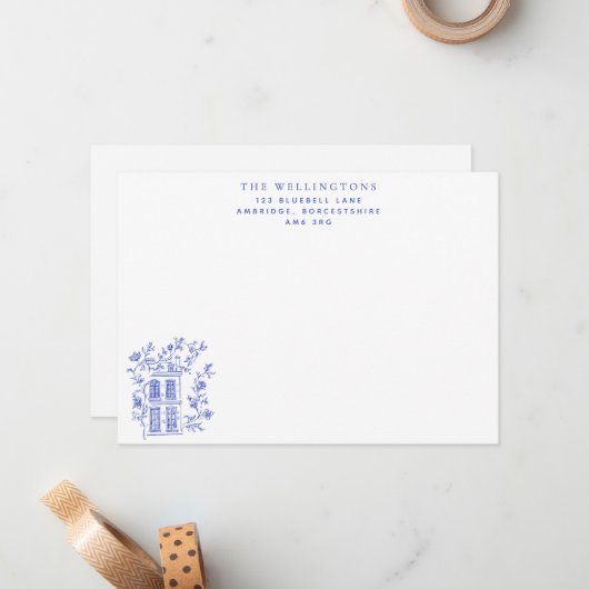  blauw bloemenhuis familie notitiekaartje (Voorkant / Achterkant in situ)