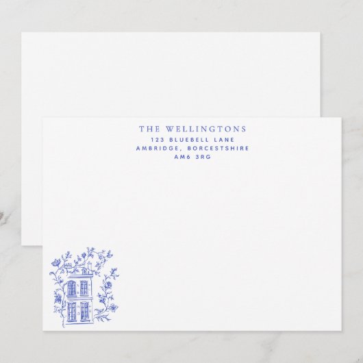  blauw bloemenhuis familie notitiekaartje (Voorkant / Achterkant)