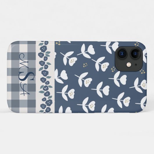 blauw bloemenhuismonogram Case-Mate iPhone case (Achterkant (horizontaal))