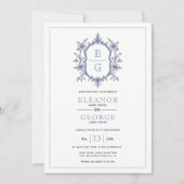 Blauw  bloemenkam initialen bruiloft kaart (Voorkant)