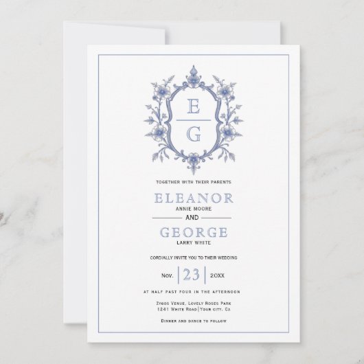 Blauw  bloemenkam initialen bruiloft kaart (Voorkant)