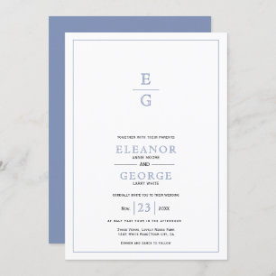 Blauw  bloemenkam initialen bruiloft kaart