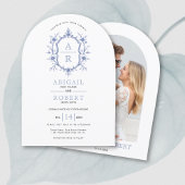 Blauw  bloemenkam monogram bruiloft kaart