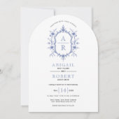 Blauw bloemenkam monogram bruiloft kaart (Voorkant)