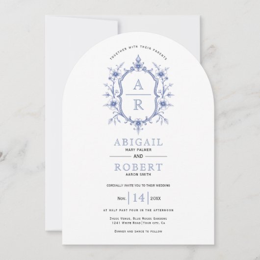 Blauw  bloemenkam monogram bruiloft kaart (Voorkant)