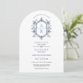 Blauw bloemenkam monogram bruiloft kaart (Staand voorkant)