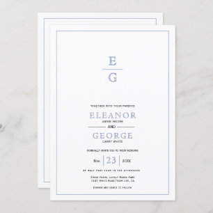 Blauw  bloemenkam monogram QR code bruiloft Kaart