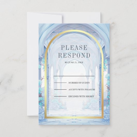 Blauw Bloemenkasteel Sprookjeshuwelijk RSVP Kaartje (Voorkant)