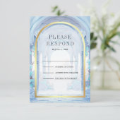 Blauw Bloemenkasteel Sprookjeshuwelijk RSVP Kaartje (Staand voorkant)