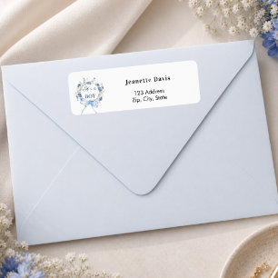 Blauw bloemenkrans jongens baby shower retouradres etiket