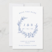  blauw bloemenkrans monogram foto save the date (Voorkant)