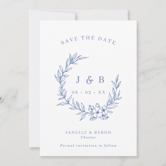  blauw bloemenkrans monogram foto save the date (Voorkant)